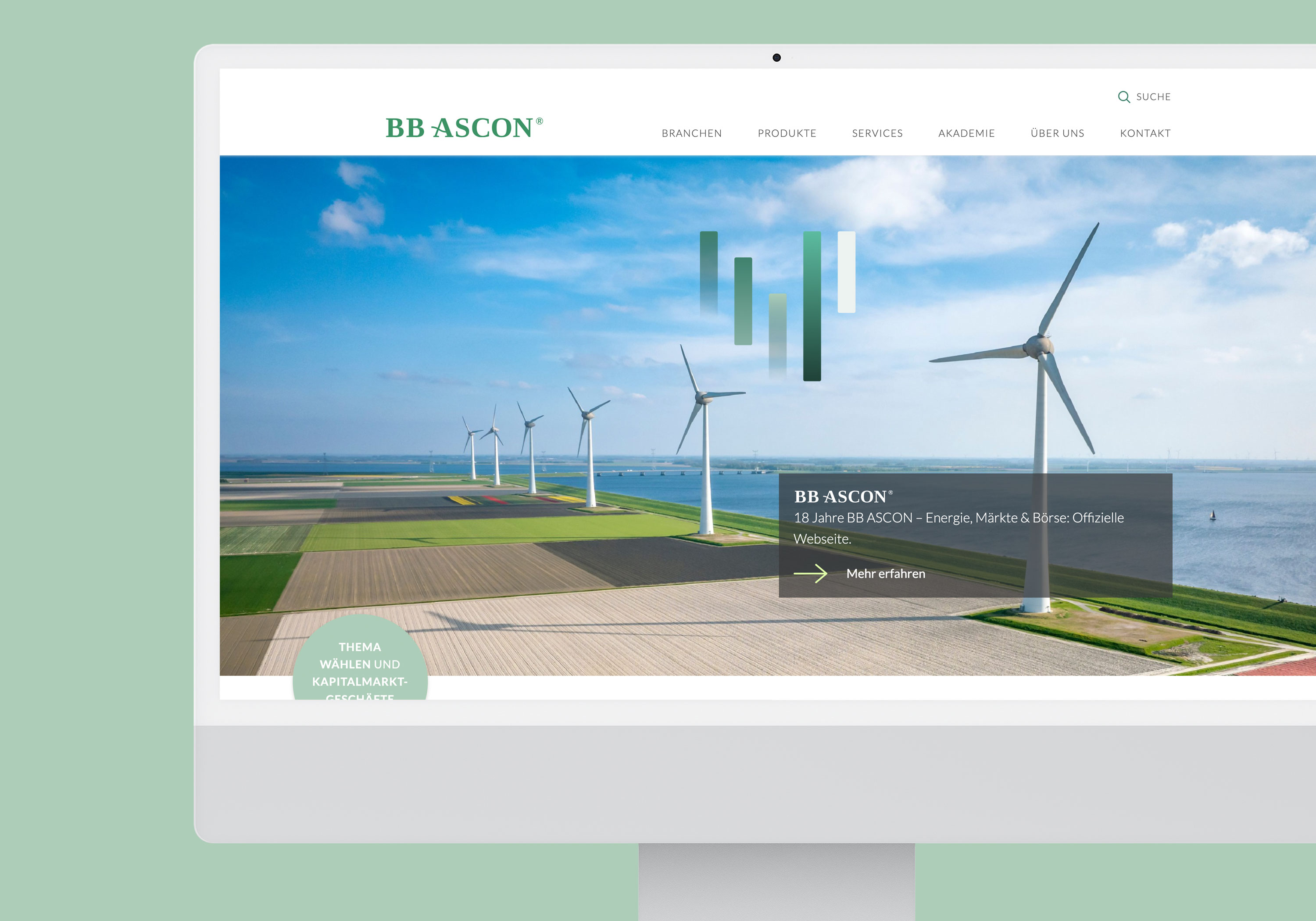 Bildschirm mit Windmühlen darauf. Startseite der BB ASCON Website