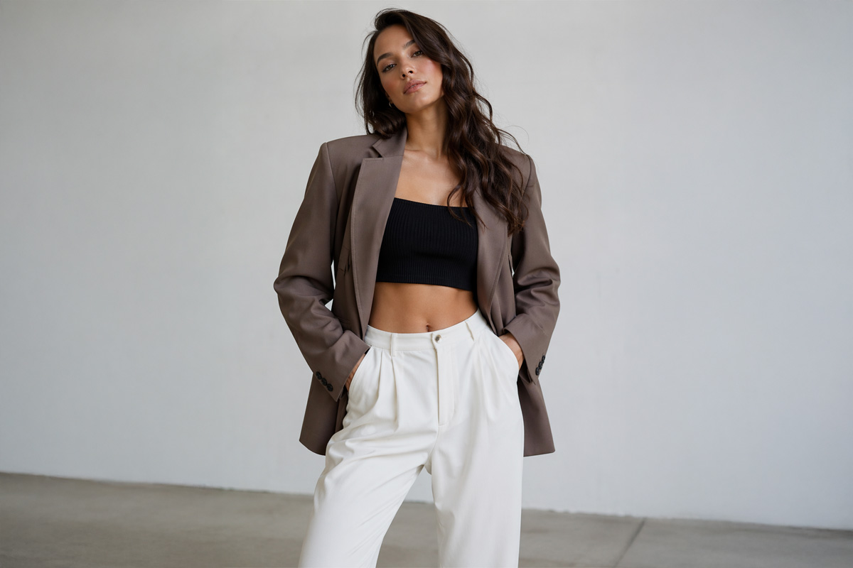 KI-generiertes Bild eines weiblichen Fashion Models mit braunem Blazer, schwarzem Crop-Top und weißer Hose vor einem schlichten hellgrauen Hintergrund.