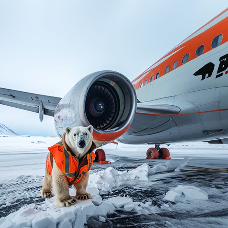 KI generierter Eisbär vor einem Flugzeug