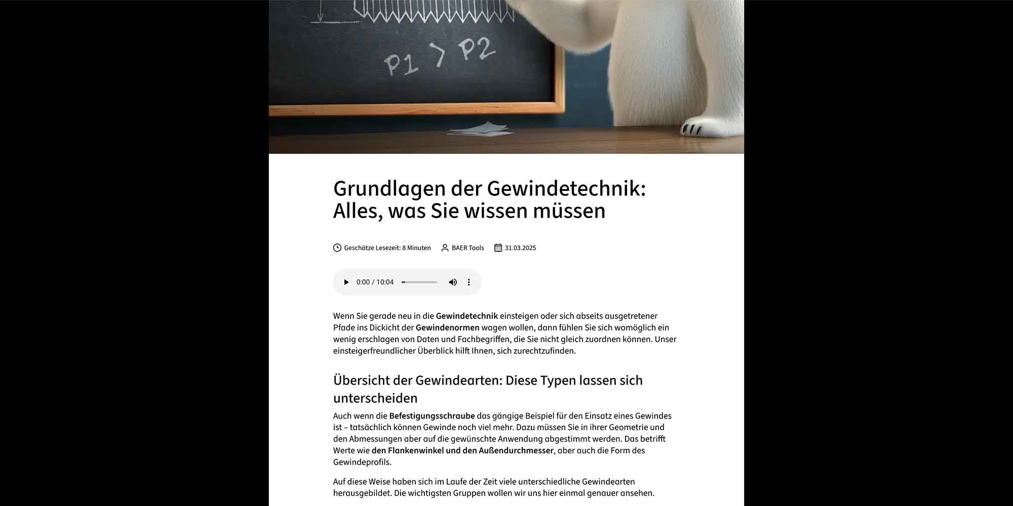 Ansicht eines fertigen Blogbeitrags mit eingebundenem Titelbild und formatiertem Text