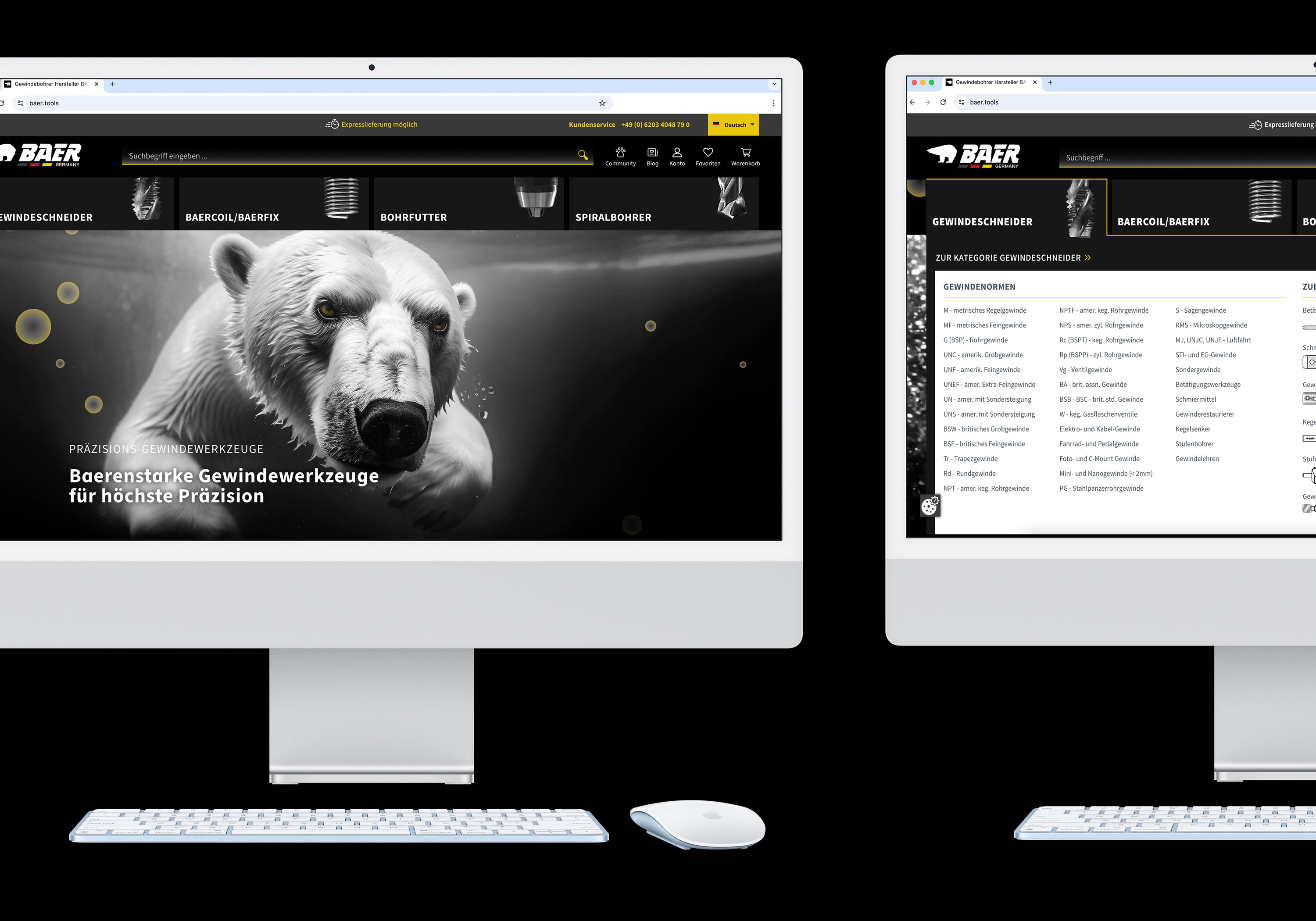 Zwei Computerbildschirme die die BAER Website zeigen mit Maus und Tastatur.