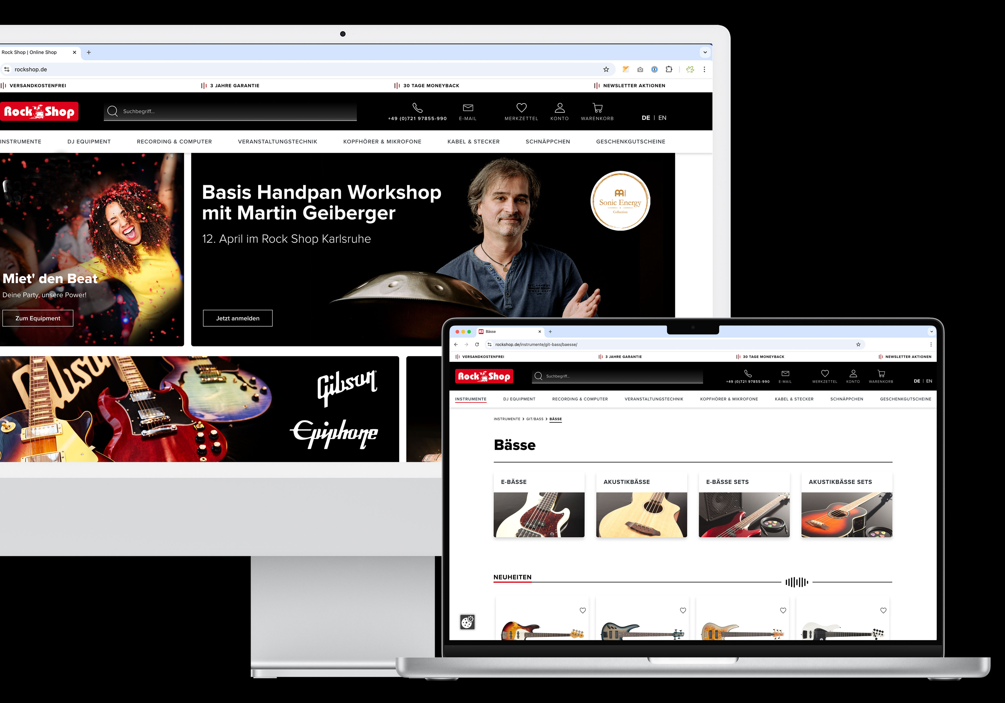Screenshot eines Computers und eine Laptops mit Ansichten der rockshop-Webseite.