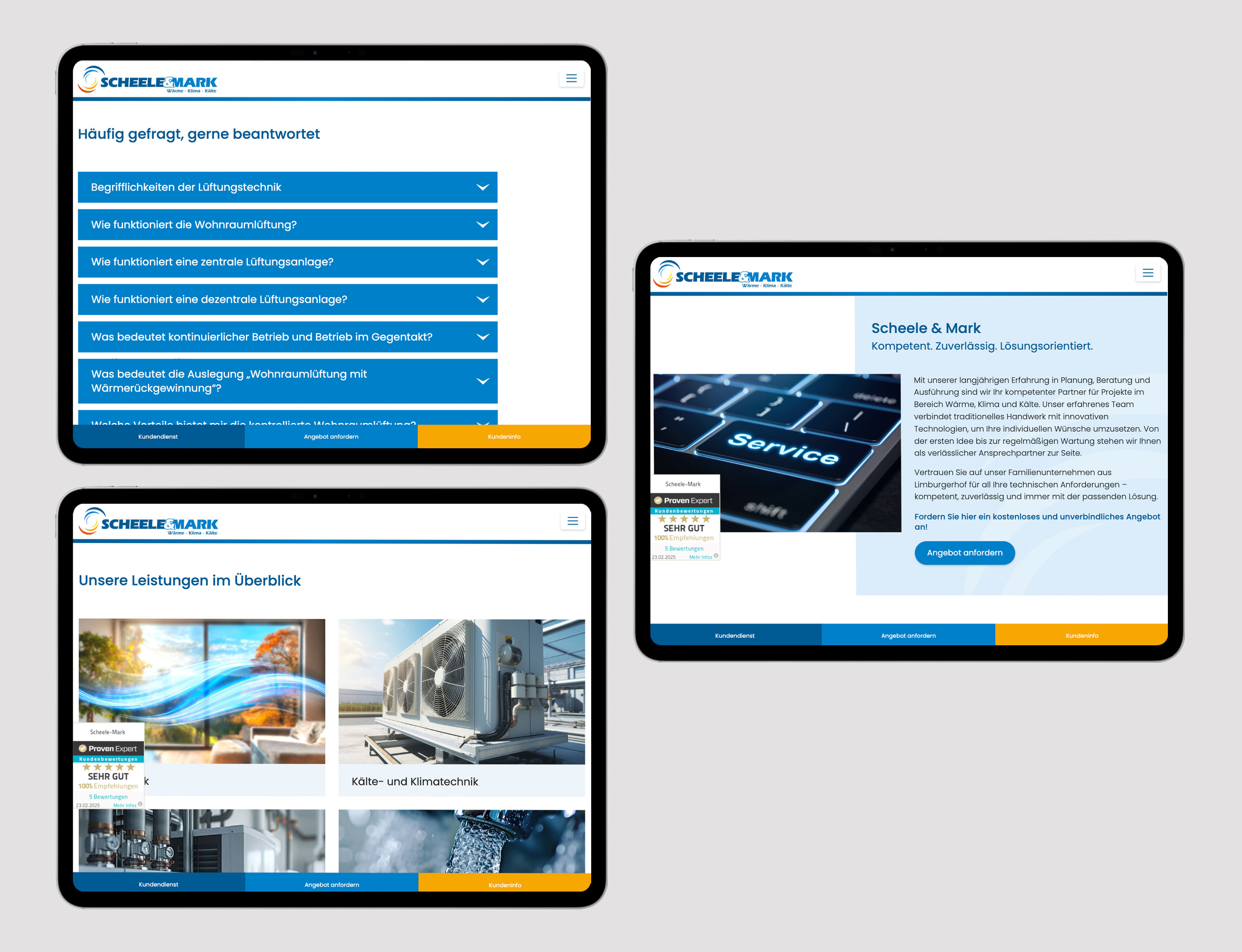 Screenshot von drei Tablets, die verschiedene Seiten der Scheele & Mark Website zeigen.