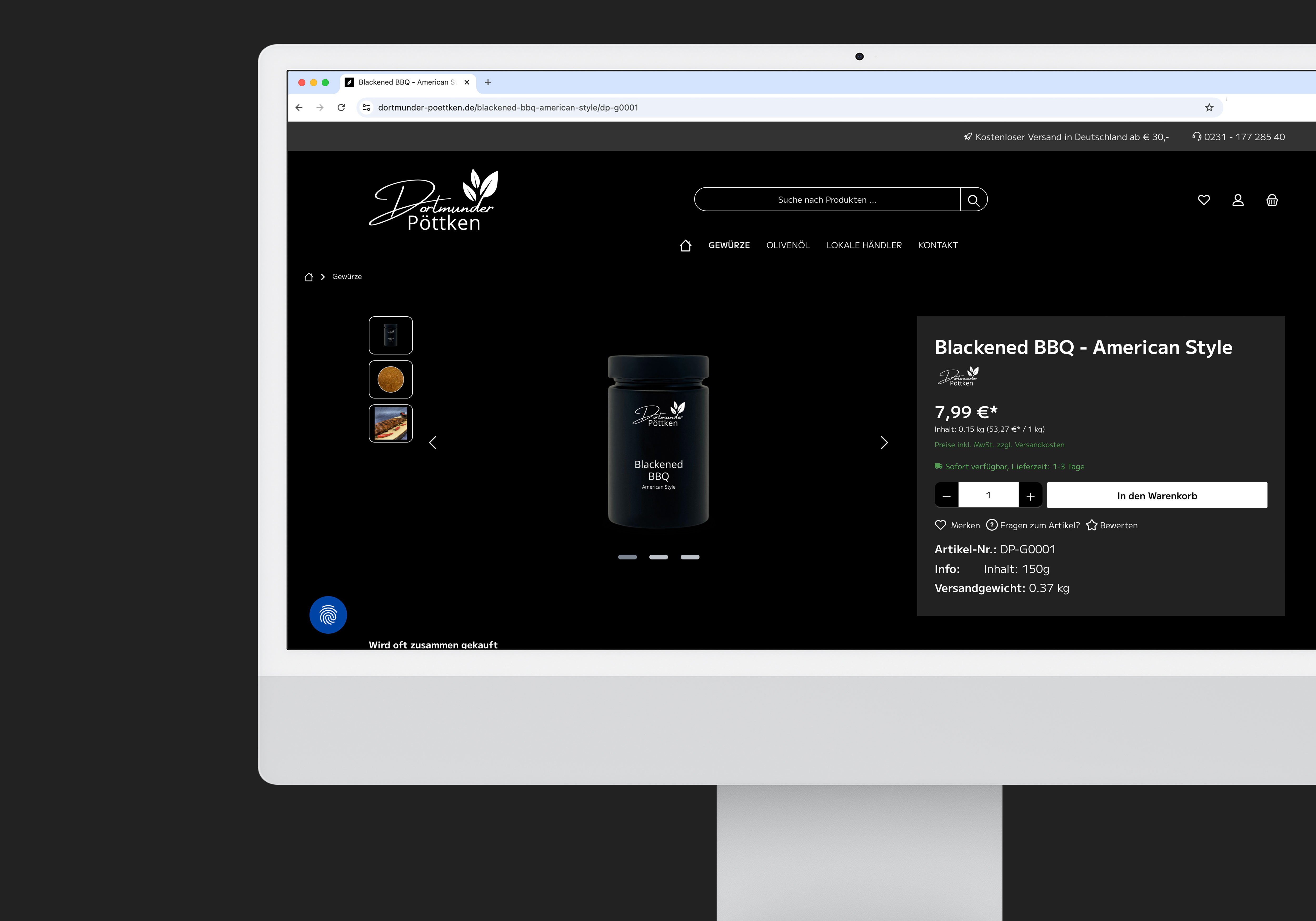 Ein Computerbildschirm mit einer Produktdetailseite des Webshops.