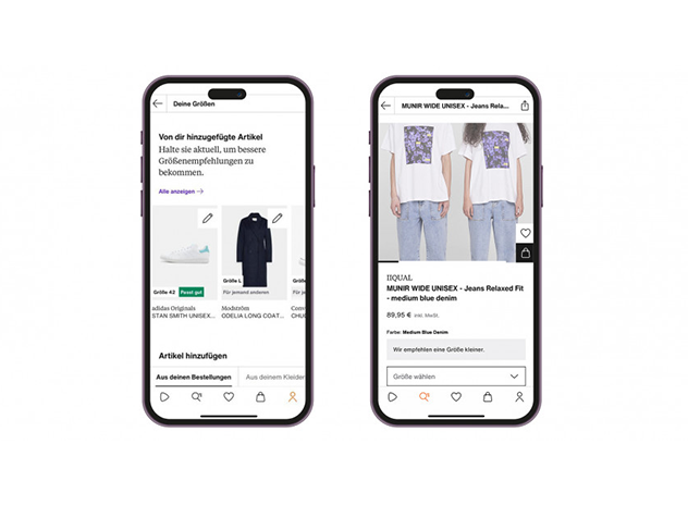 Zwei Smartphone-Bildschirme, die die Zalando-App mit der Größenempfehlung für Kunden zeigen. 