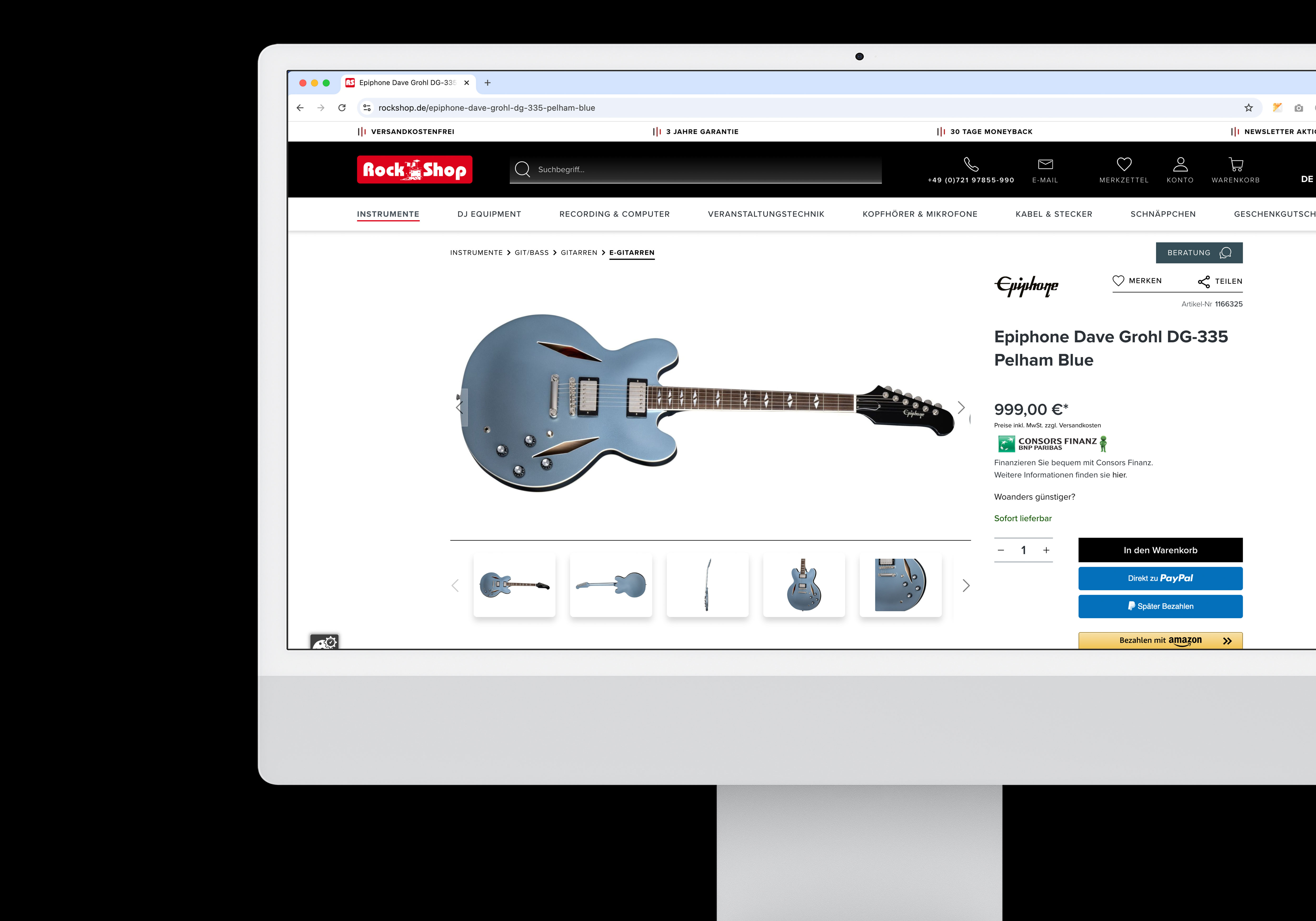Ein Computerbildschirm, der eine Produktdetailseite von Rockshop zeigt