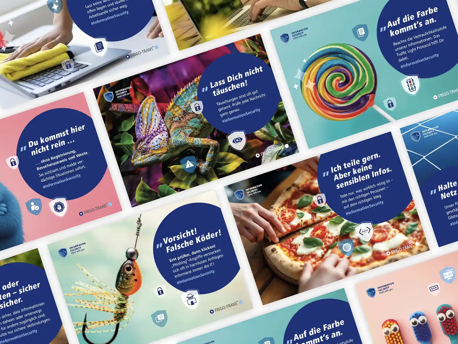 Mehrere bunte Social-Media-Grafiken einer Informationssicherheitskampagne im Überblick