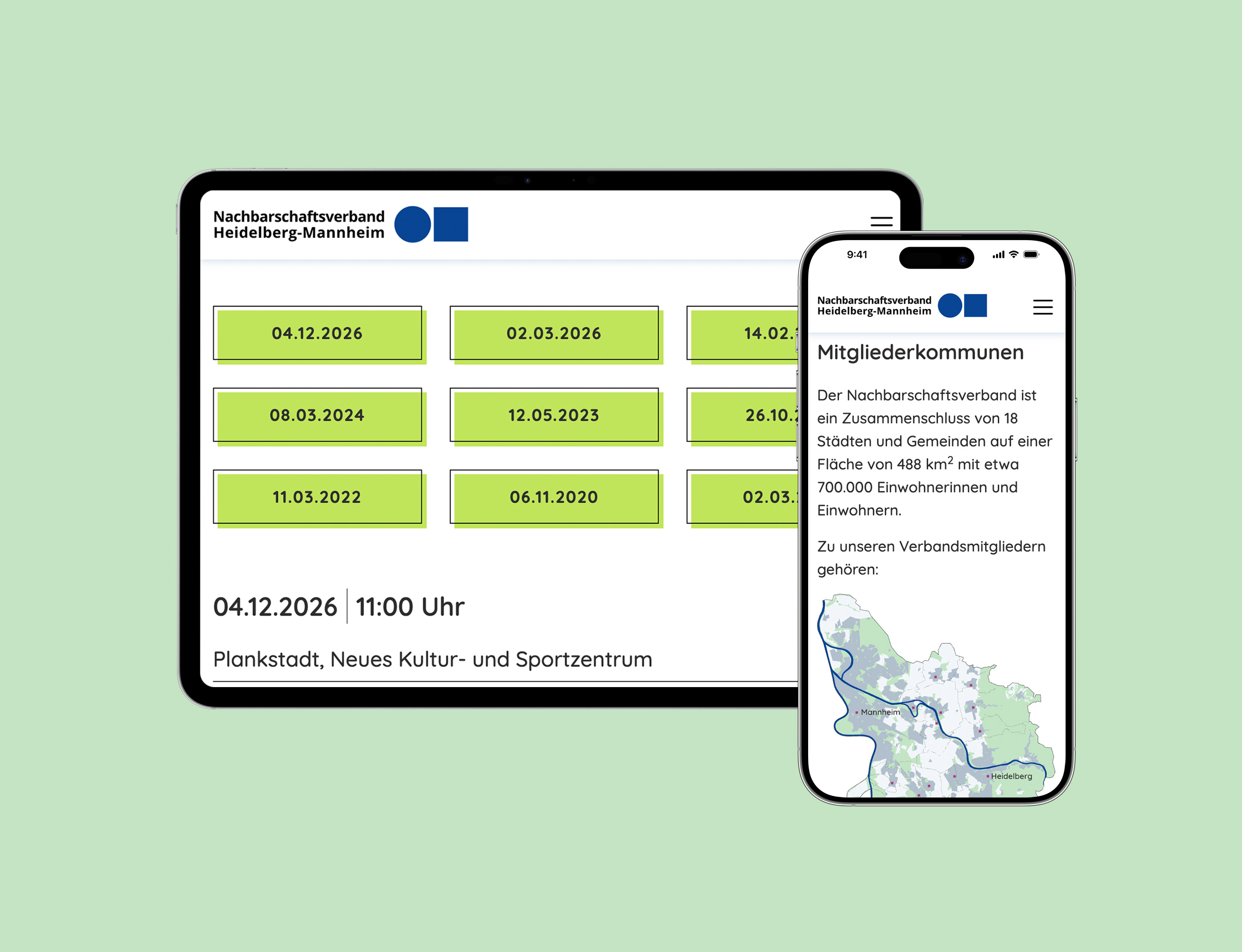 Ein Tablet und ein Handy, die die Mobile Ansicht der Website zeigen.