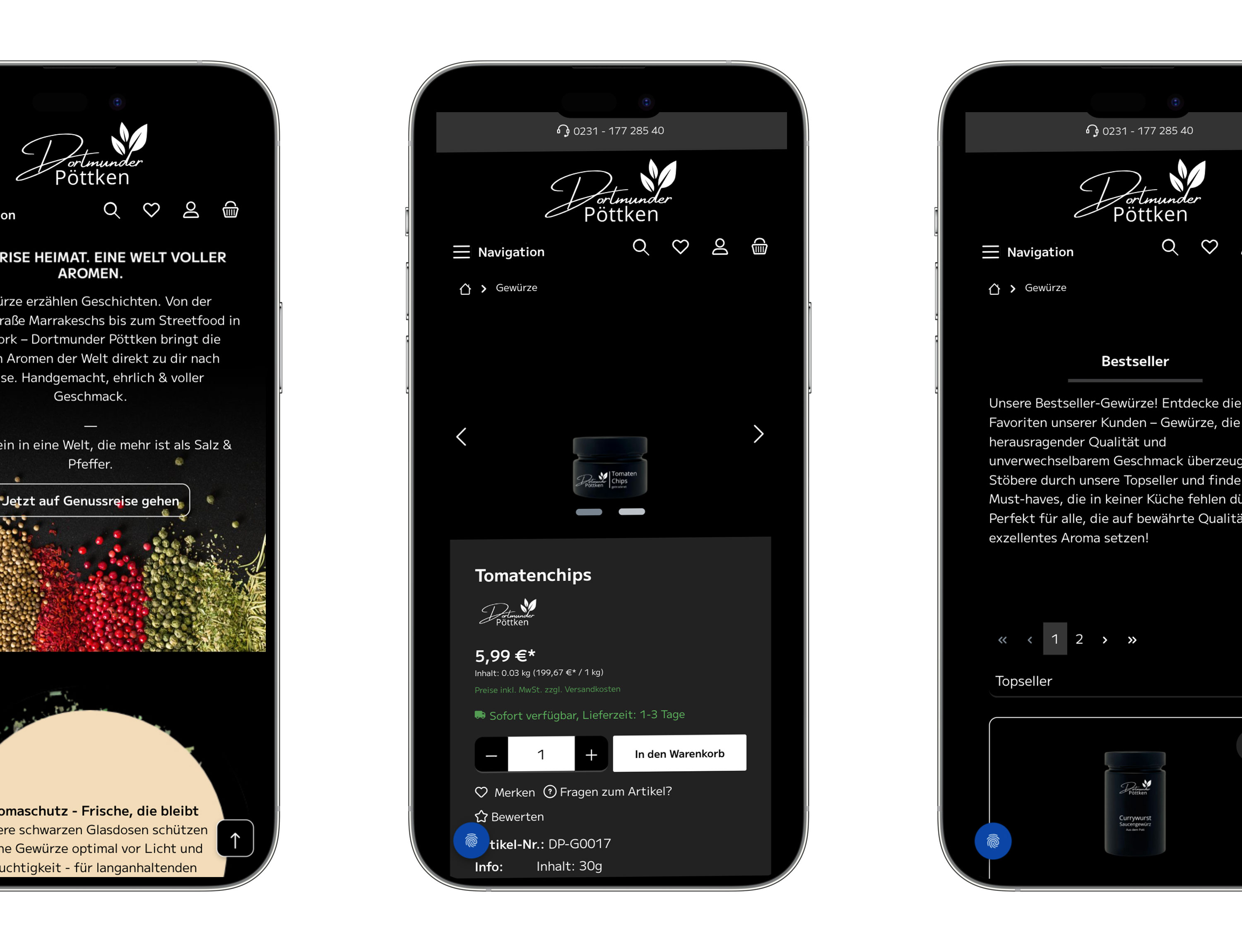 3 Schwarze Smartphones, die die mobile Ansicht der Dortmunder Pöttken Website zeigen